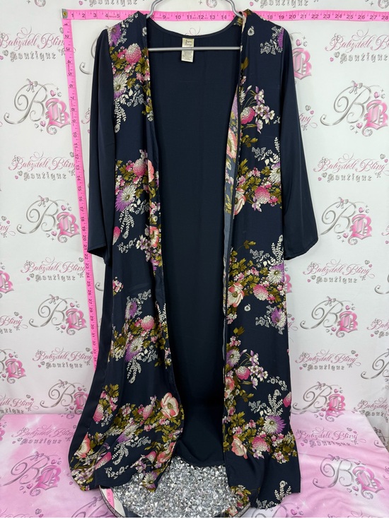 Japna Sweaters - Japna Navy Floral Kimono Cardigan with Pink and Green Blooms
